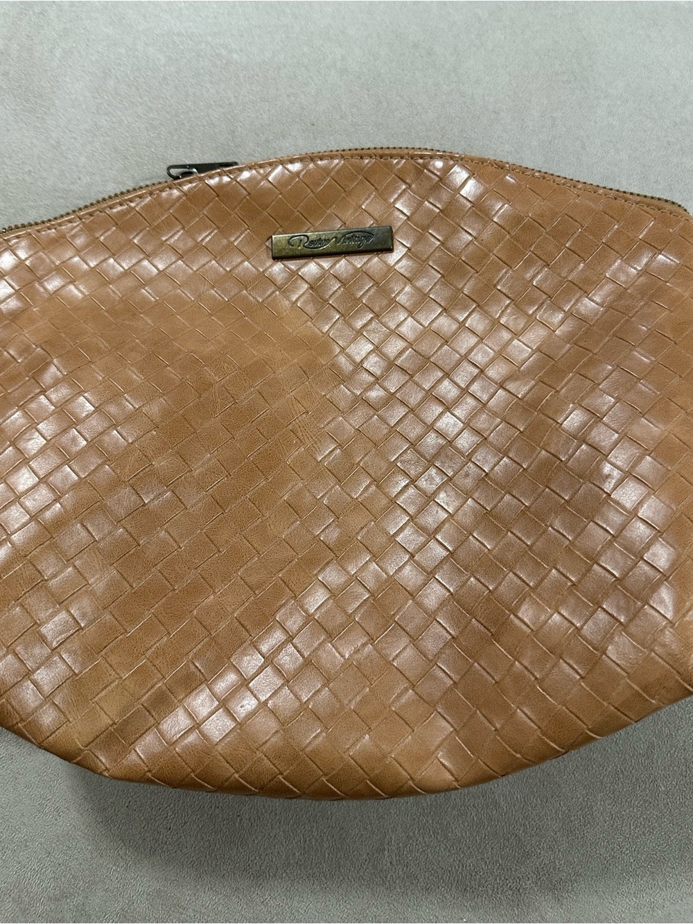 Revive Vintage Woven Vegan Leather Travel Pouch / Makeup Bag in Cognac Brown